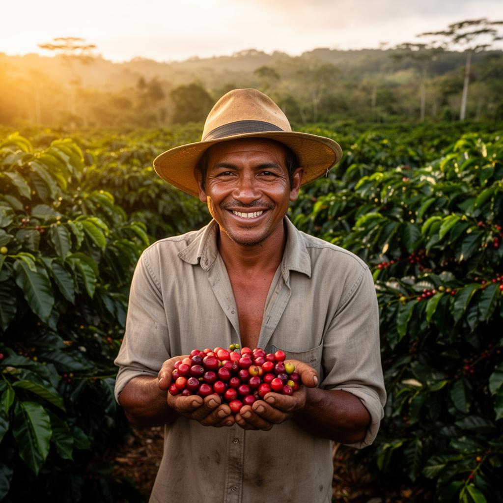 Productor de café sosteniendo cerezas frescas en su finca
